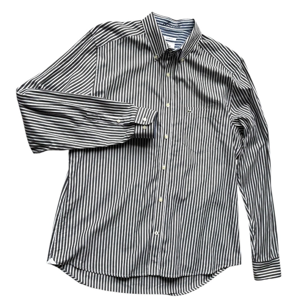 Lacoste vintage modern fit striped gray and white cotton soft dress shirt |sz 42